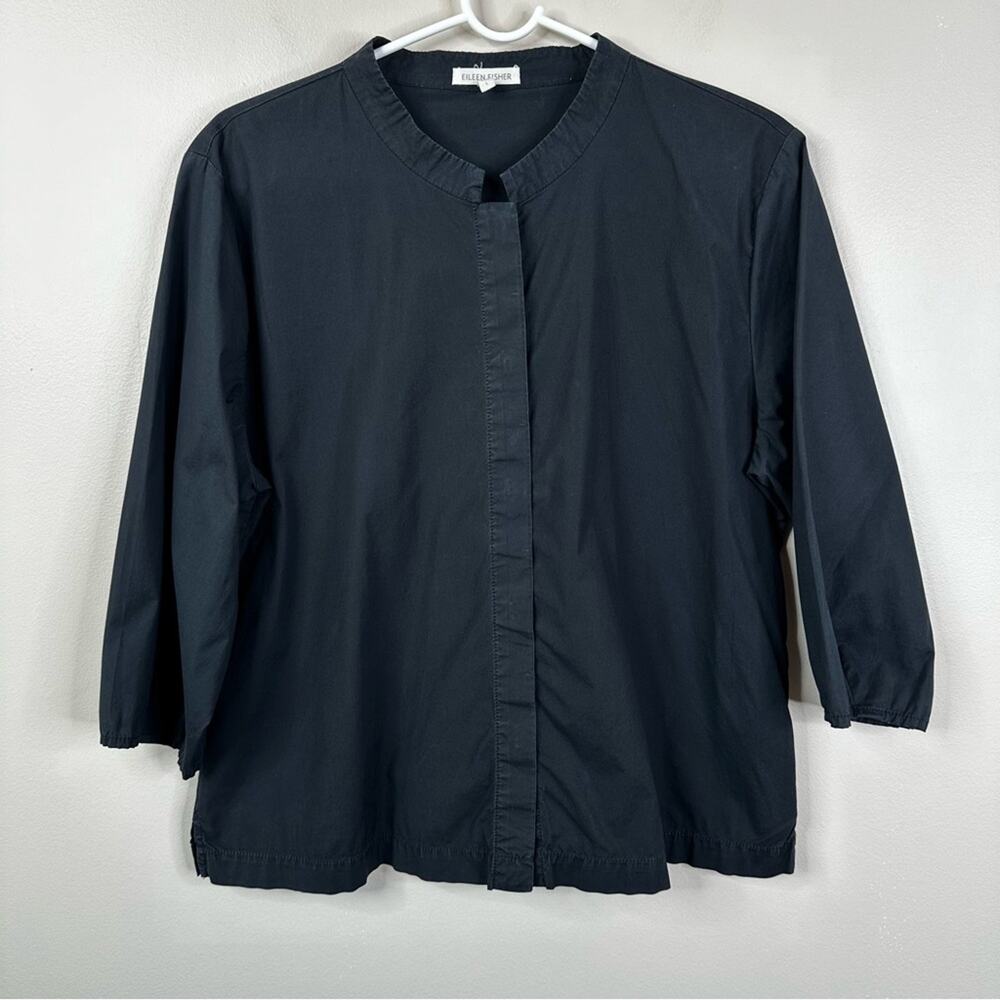 Eileen Fisher Shirt Women’s Large Black Button Front Cotton Minimalist Top